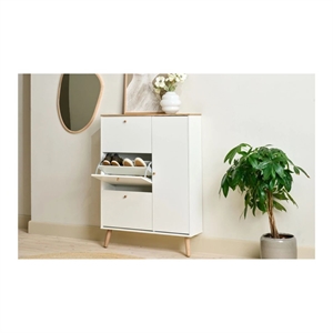 HUB SKOSKAB 1655 - 3 SKUFFER & 1 LÅGE - HVID/EGEFINÉR - MÅL: 128 X 95 X 27 CM.